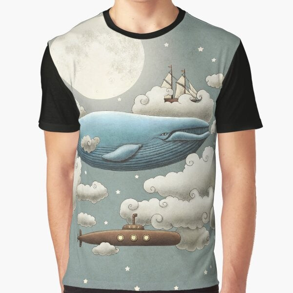 A whimsical graphic t-shirt design featuring an ocean scene with a blue whale, tall ships, and a starry sky.