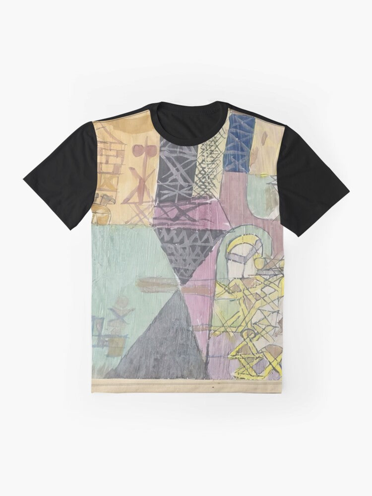 Paul Klee inspired graphic t-shirt featuring the "Red Balloon" cubist art style - Flat lay