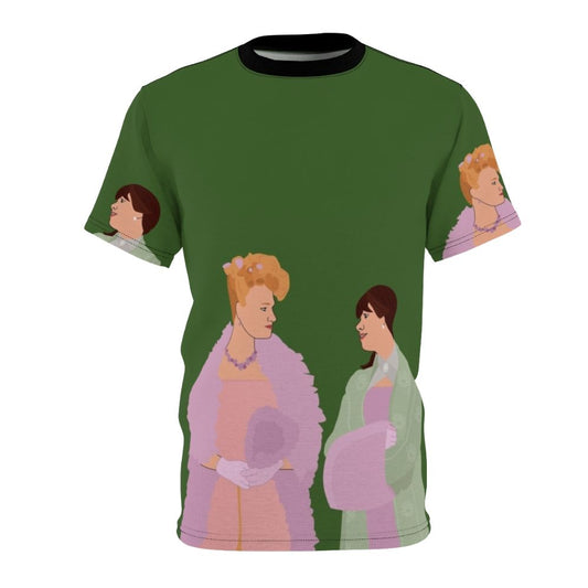 A high-quality all-over-print t-shirt featuring designs inspired by the characters Eloise Bridgerton and Cressida Cowper from the Netflix series Bridgerton.