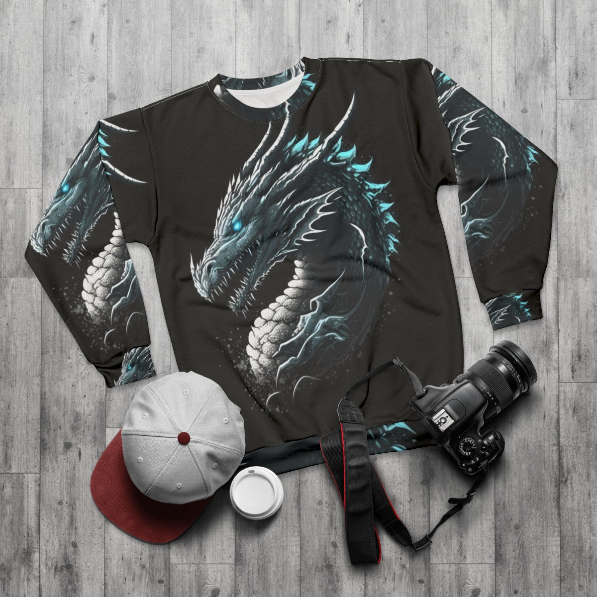 Magical dragon graphic sweatshirt for fantasy and role-playing fans - flat lay