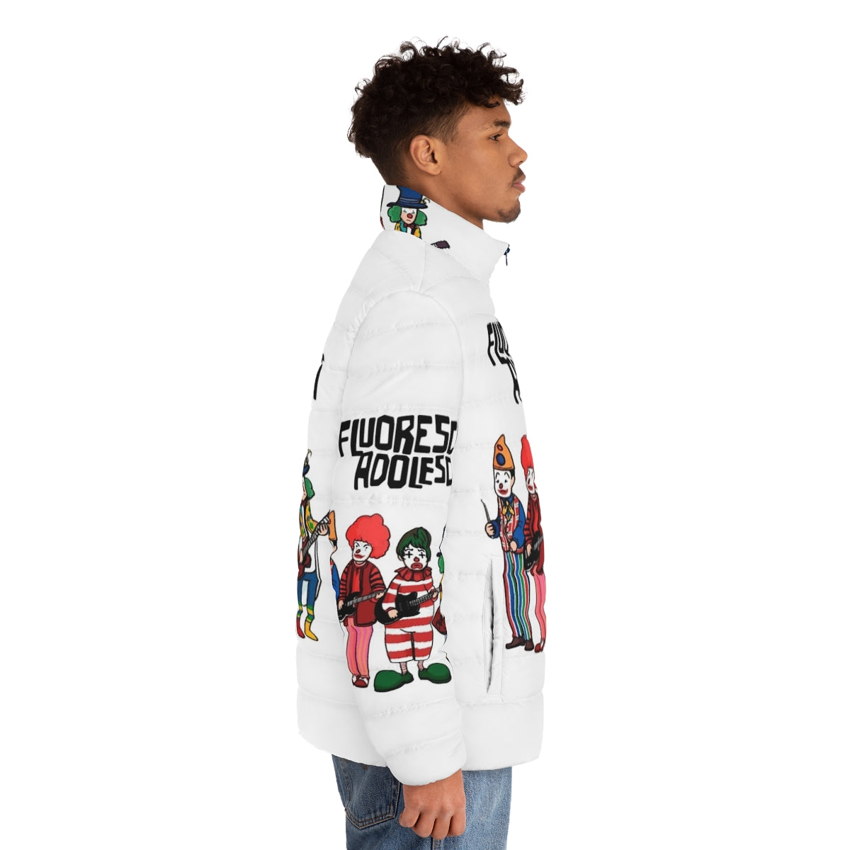 Fluorescent Adolescent Arctic Monkeys Puffer Jacket featuring the band's iconic logo and album cover artwork - men side right