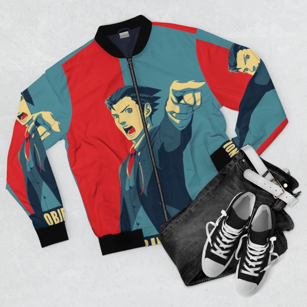 "Ace Attorney Objection Bomber Jacket featuring Phoenix Wright, Miles Edgeworth, and other characters from the popular Capcom video game series" - Flat lay