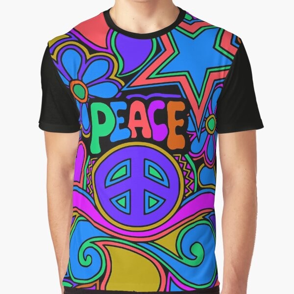 Retro hippie-inspired t-shirt with colorful flower and peace design