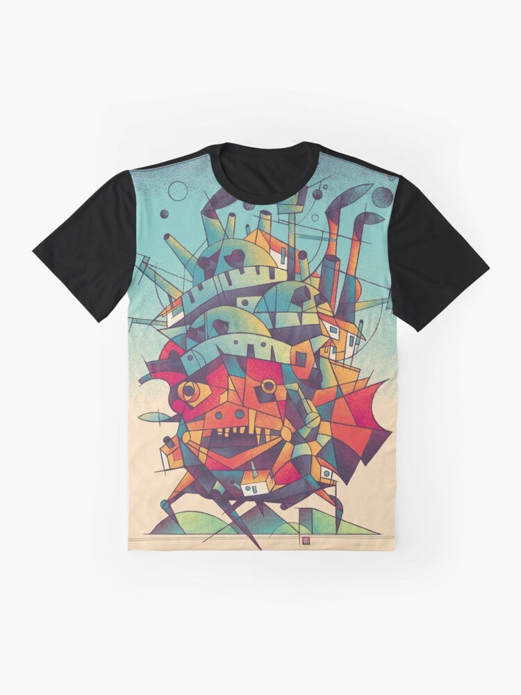 Cubist-inspired graphic t-shirt featuring a moving castle design in the style of anime and manga - Flat lay