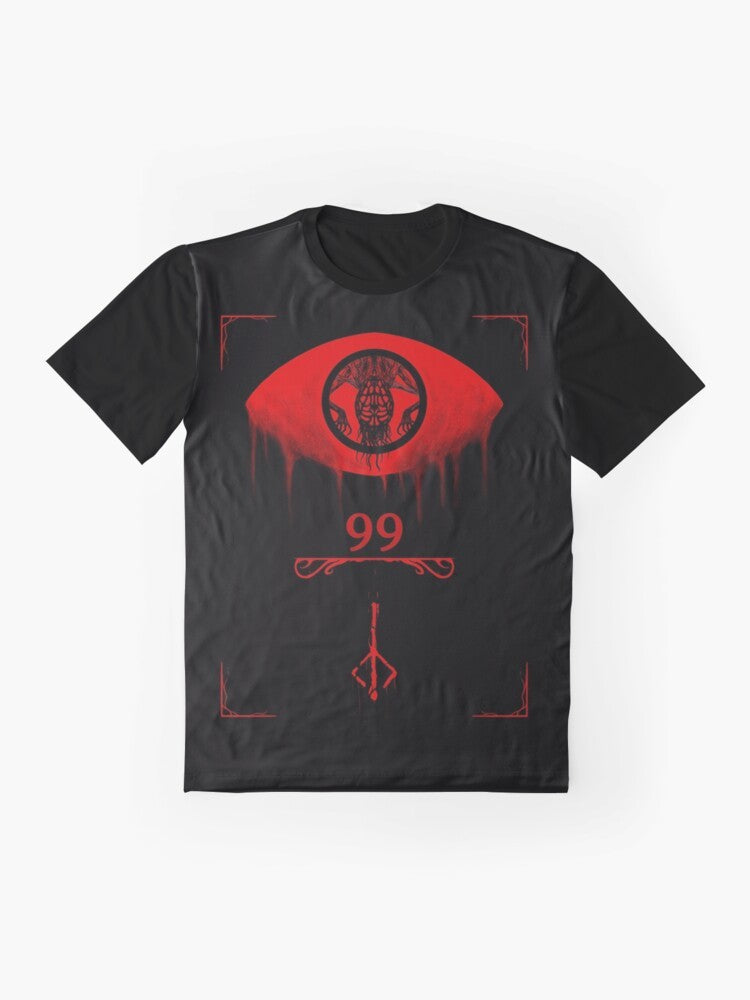 Bloodborne Amygdala graphic t-shirt with a detailed illustration of the iconic Amygdala enemy from the video game. - Flat lay