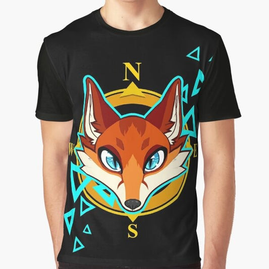 Anthropomorphic fox with a compass graphic on a white t-shirt