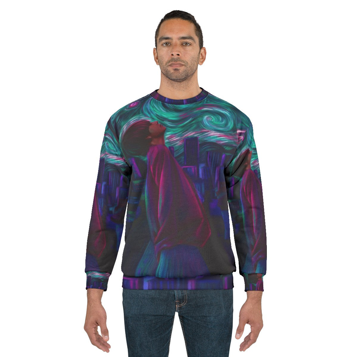 Starry Night Sweatshirt featuring a cityscape inspired by Van Gogh's painting - men