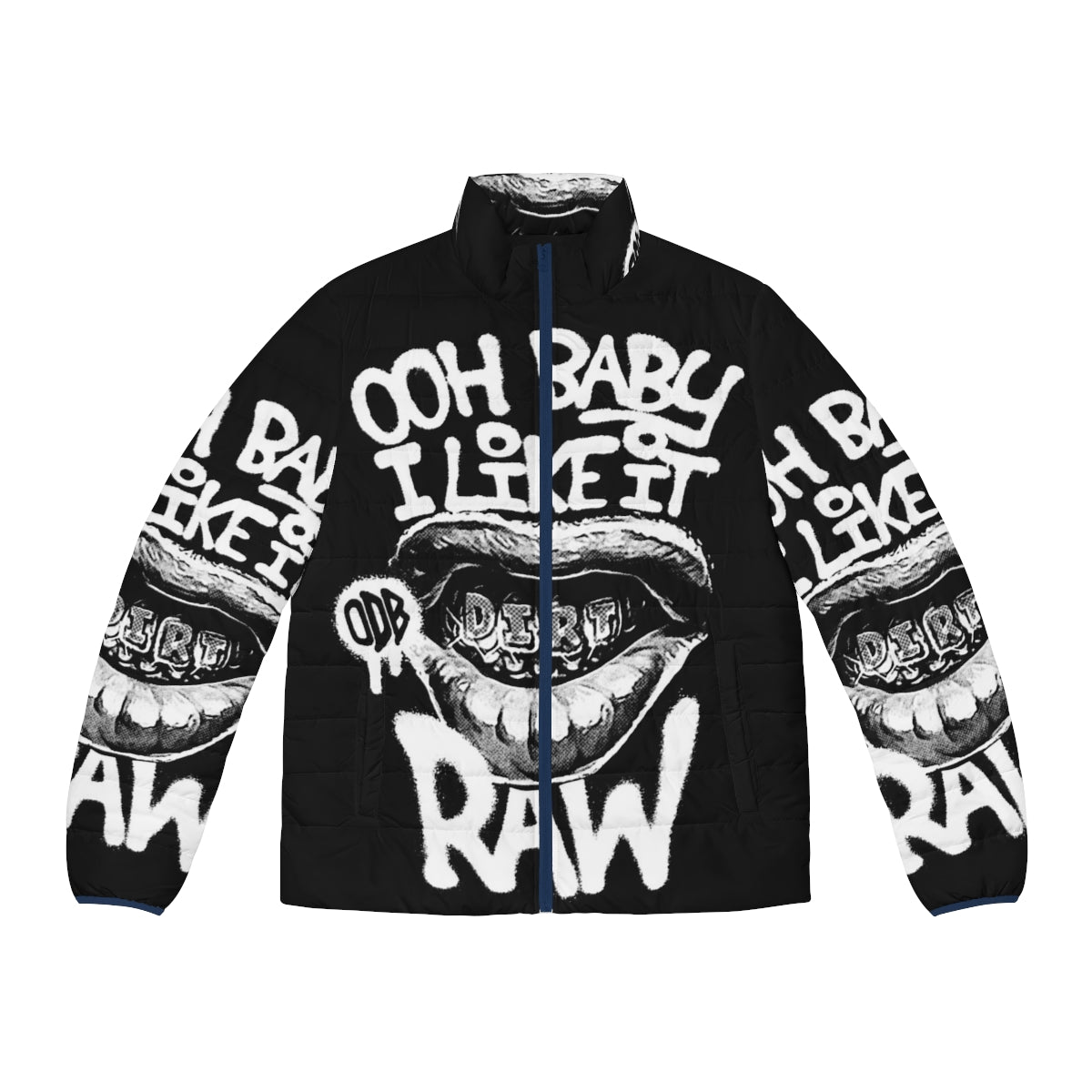 Odb inspired "Ooh Baby I Like It Raw" graphic puffer jacket with graffiti and halftone print design