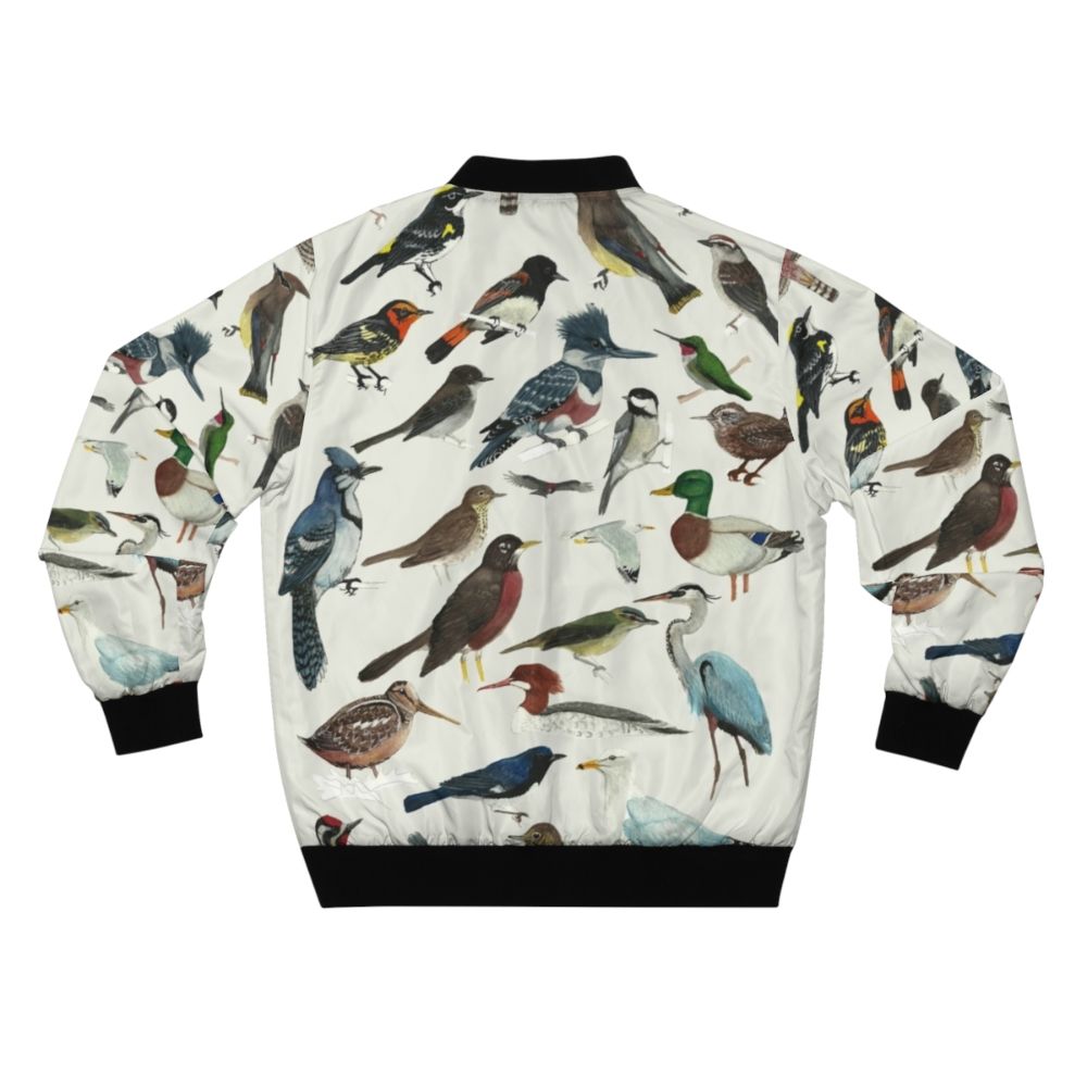 Stylish bomber jacket featuring illustrations of various bird species, including warblers, herons, hummingbirds, and more. - Back