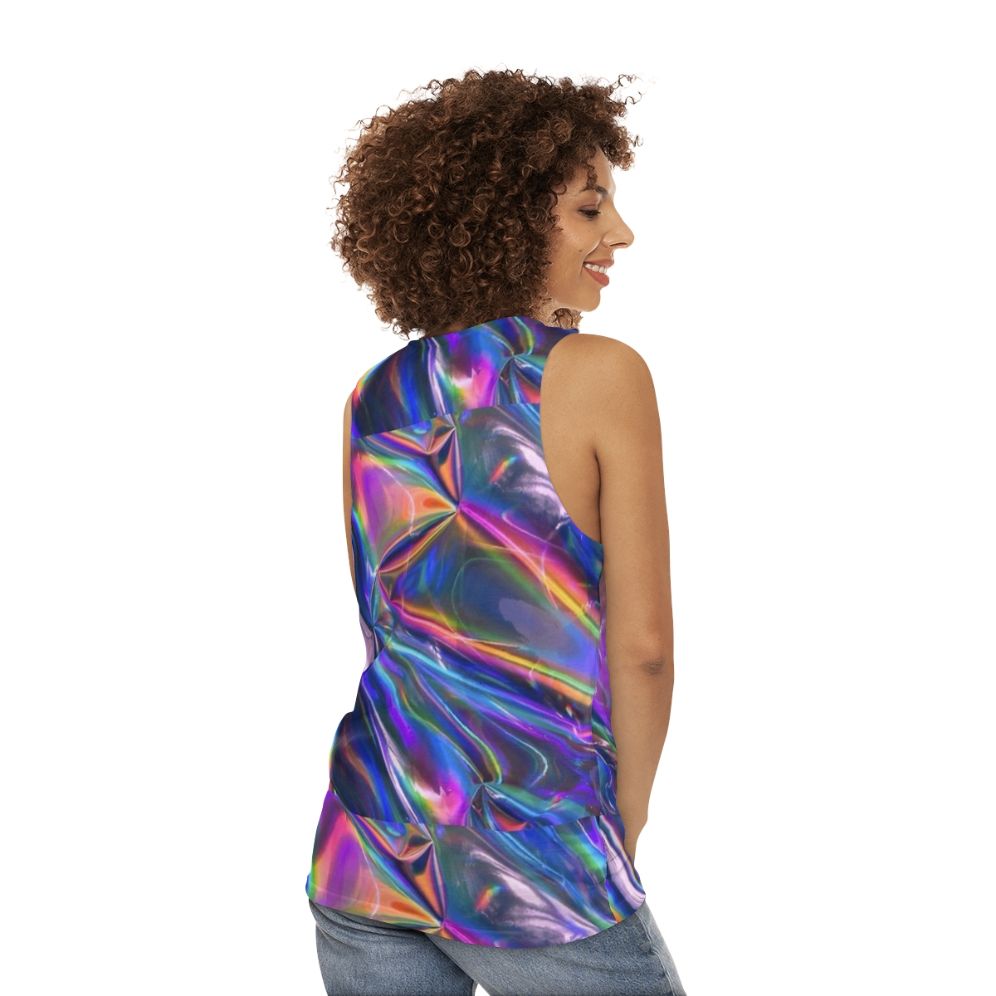 Holographic unisex tank top with iridescent, color-shifting material - women back