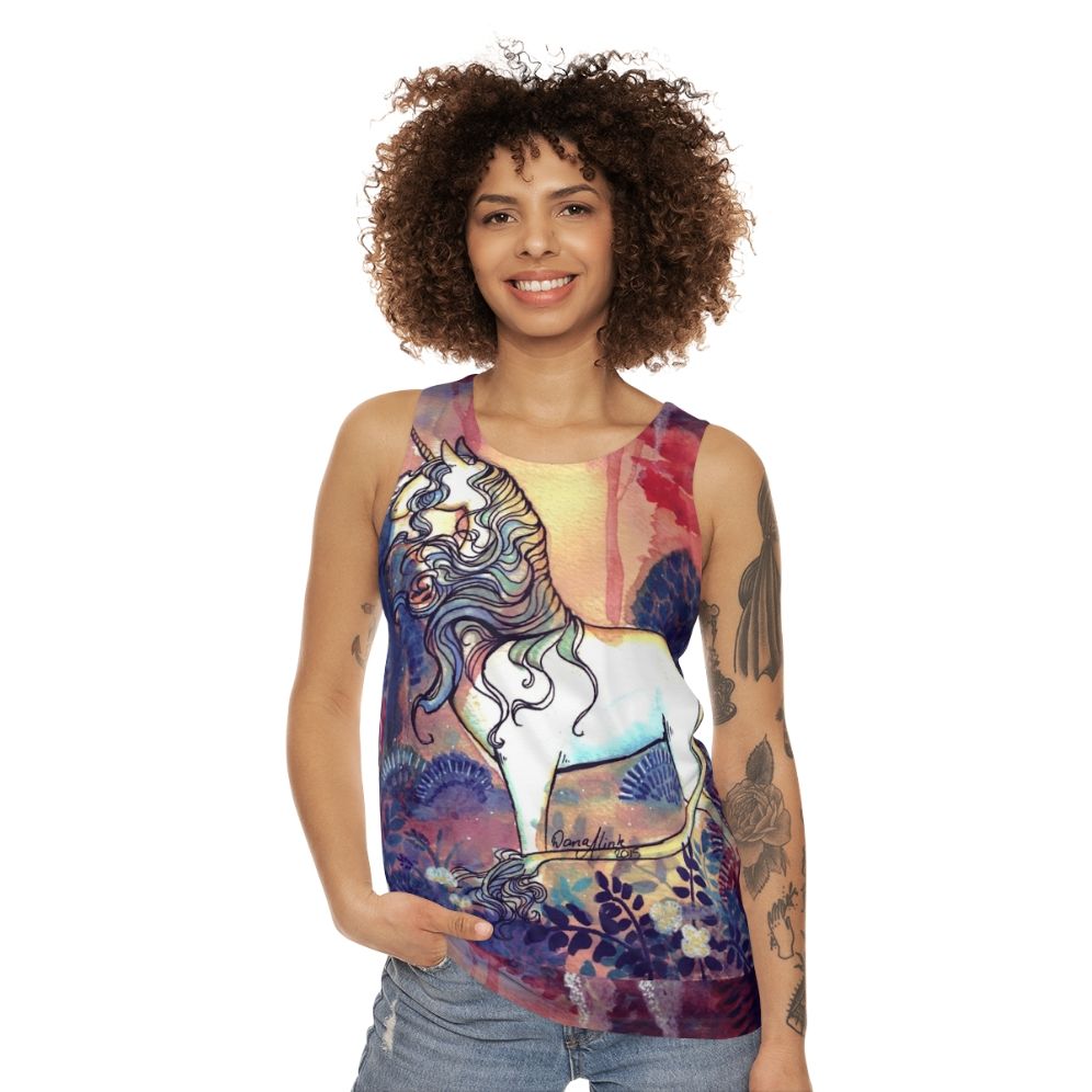 Watercolor unicorn design on a unisex tank top - women