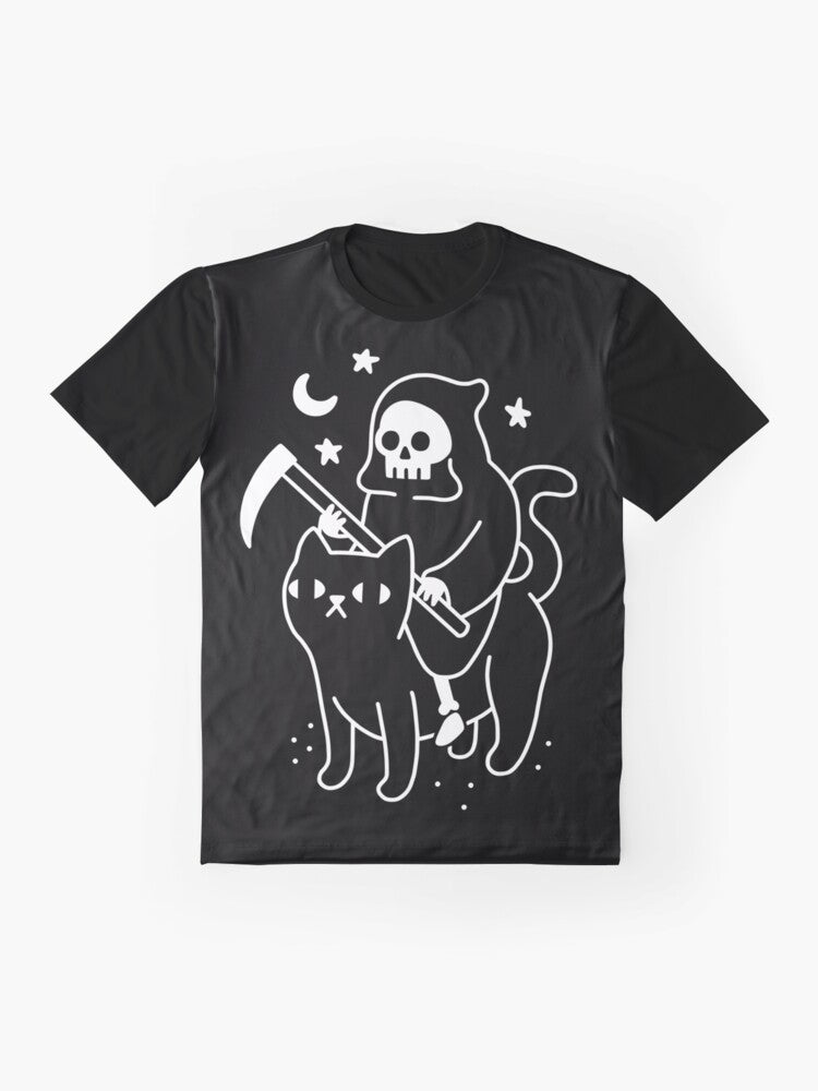 Black cat with grim reaper design on a graphic t-shirt - Flat lay