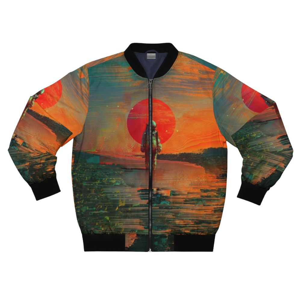 A visually striking space-inspired bomber jacket with surreal graphics and a cosmic design