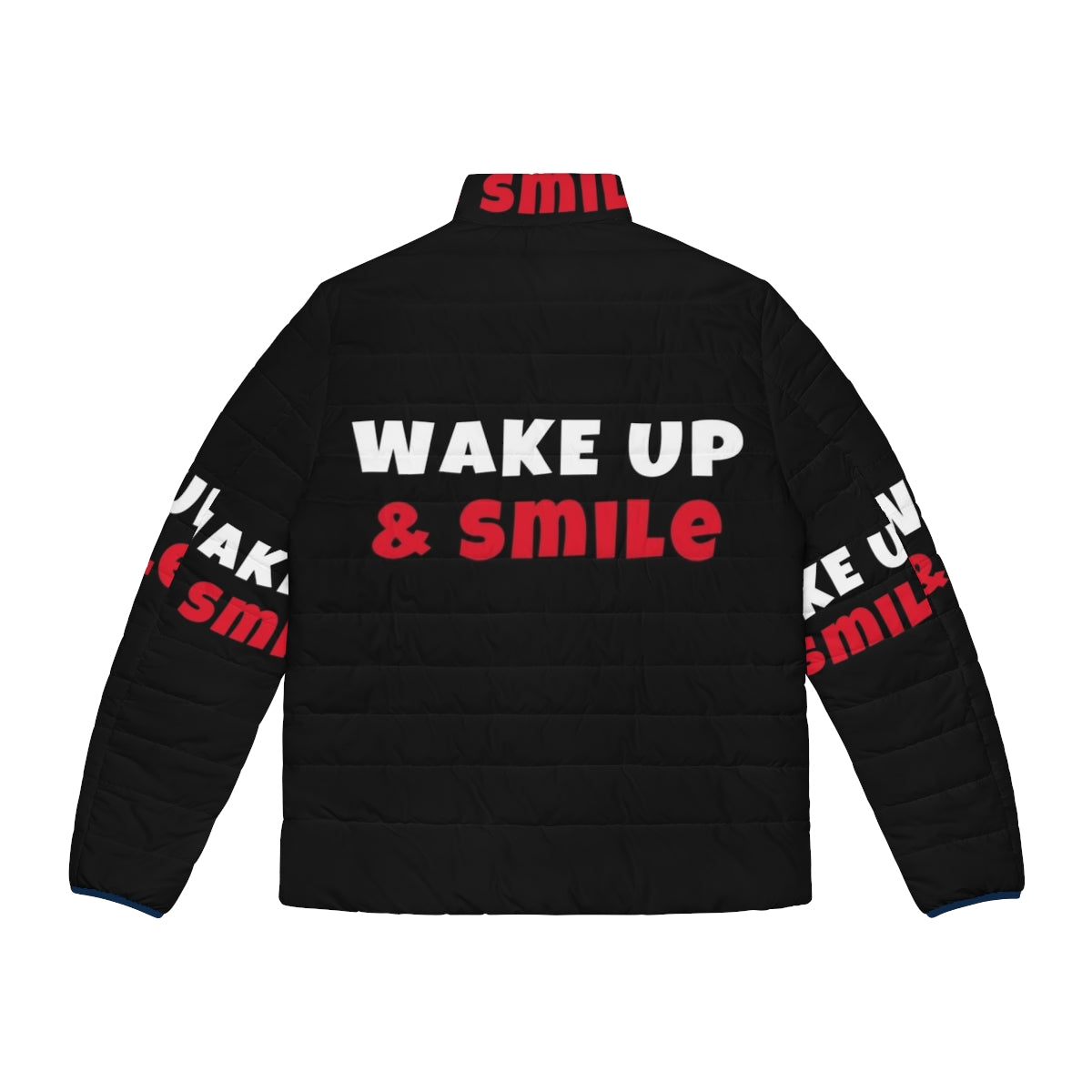 Vibrant puffer jacket with "Wake Up and Smile" text, perfect for active lifestyles - Back