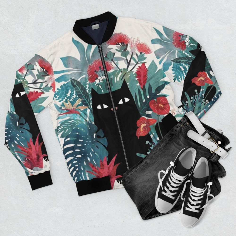 Popoki Black Cat Tropical Floral Bomber Jacket - Flat lay