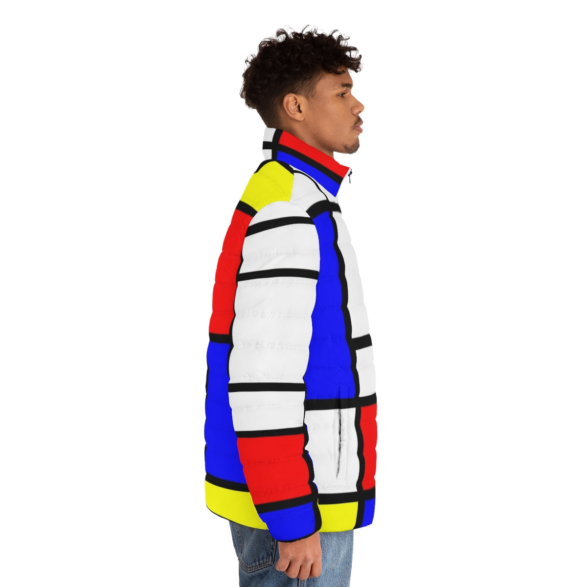 Vibrant, geometric Mondrian-style puffer jacket in primary colors - men side right