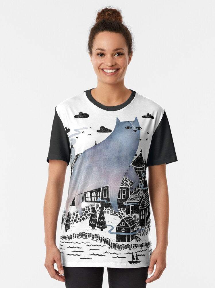 Fog graphic t-shirt with watercolor landscape inspired by Carl Sandburg's poetry - Women