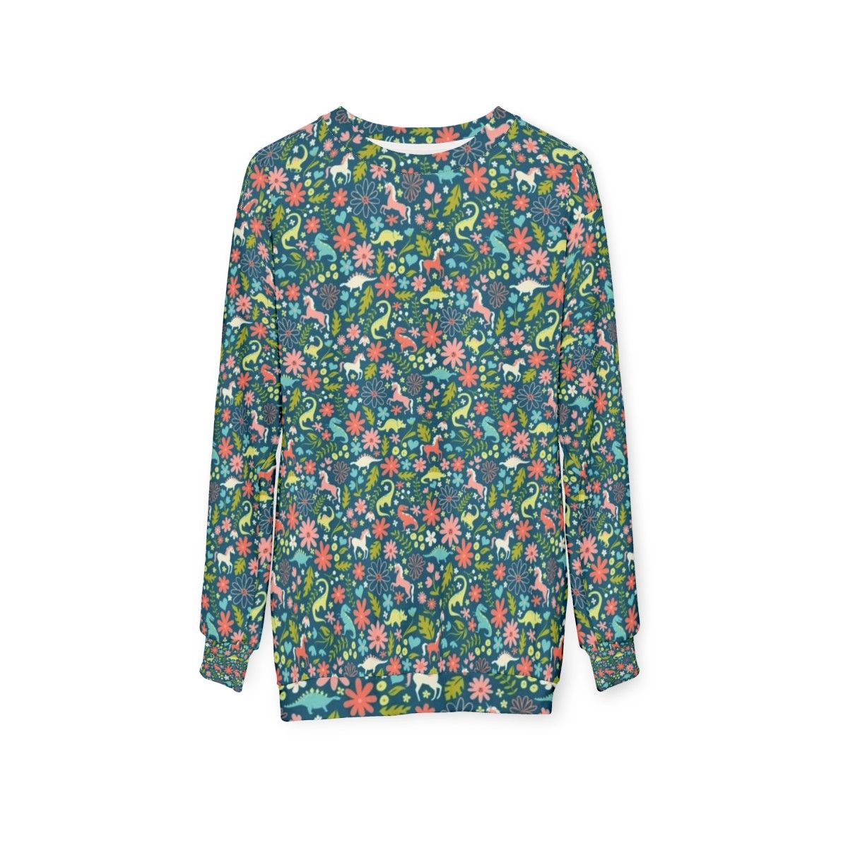 Magical dinosaur and unicorn sweatshirt with floral pattern - hanging