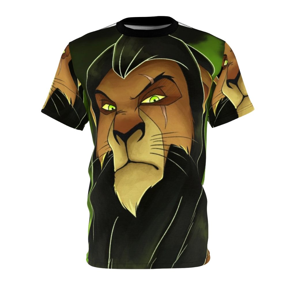 Scar Villain Graphic AOP T-shirt with lion, king, and wildlife elements inspired by The Lion King movie.