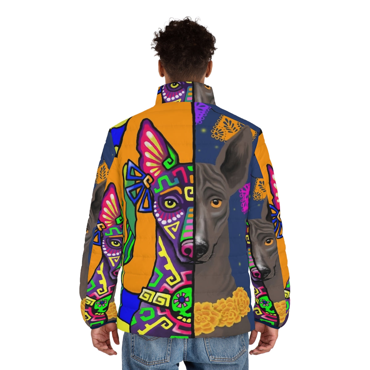 Prehispanic Xolo Puffer Jacket featuring the Mexican hairless dog breed - men back