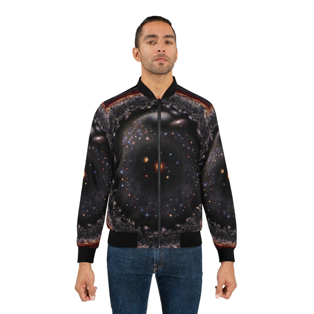 Bomber jacket with a logarithmic illustration of the observable universe, featuring planets, stars, and galaxies. - Lifestyle