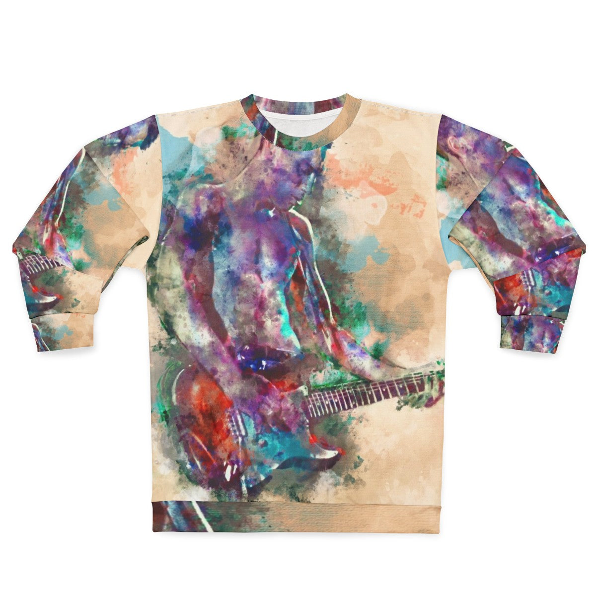 Watercolor graphic of a guitar player on a blue sweatshirt