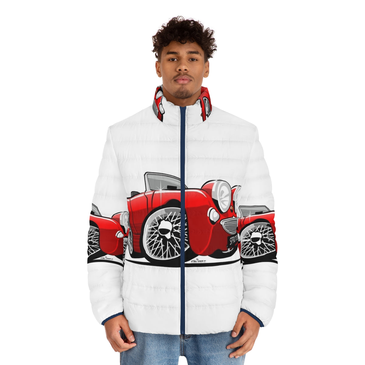 Austin Healey Sprite Caricature Red Puffer Jacket - men front