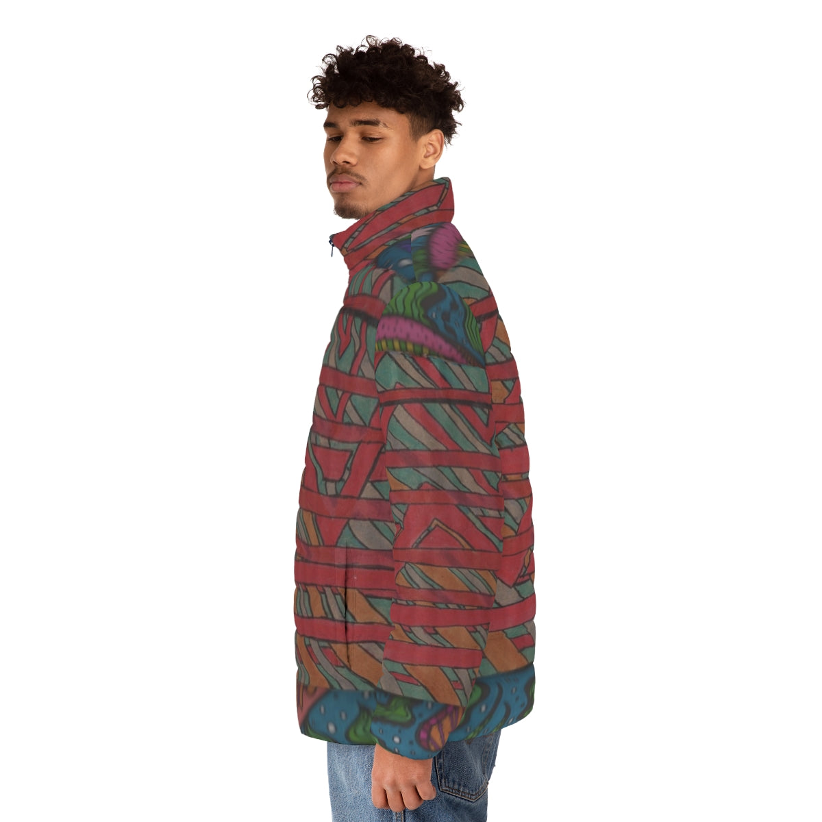 Puffer jacket with abstract, experimental jazz-inspired design - men side left