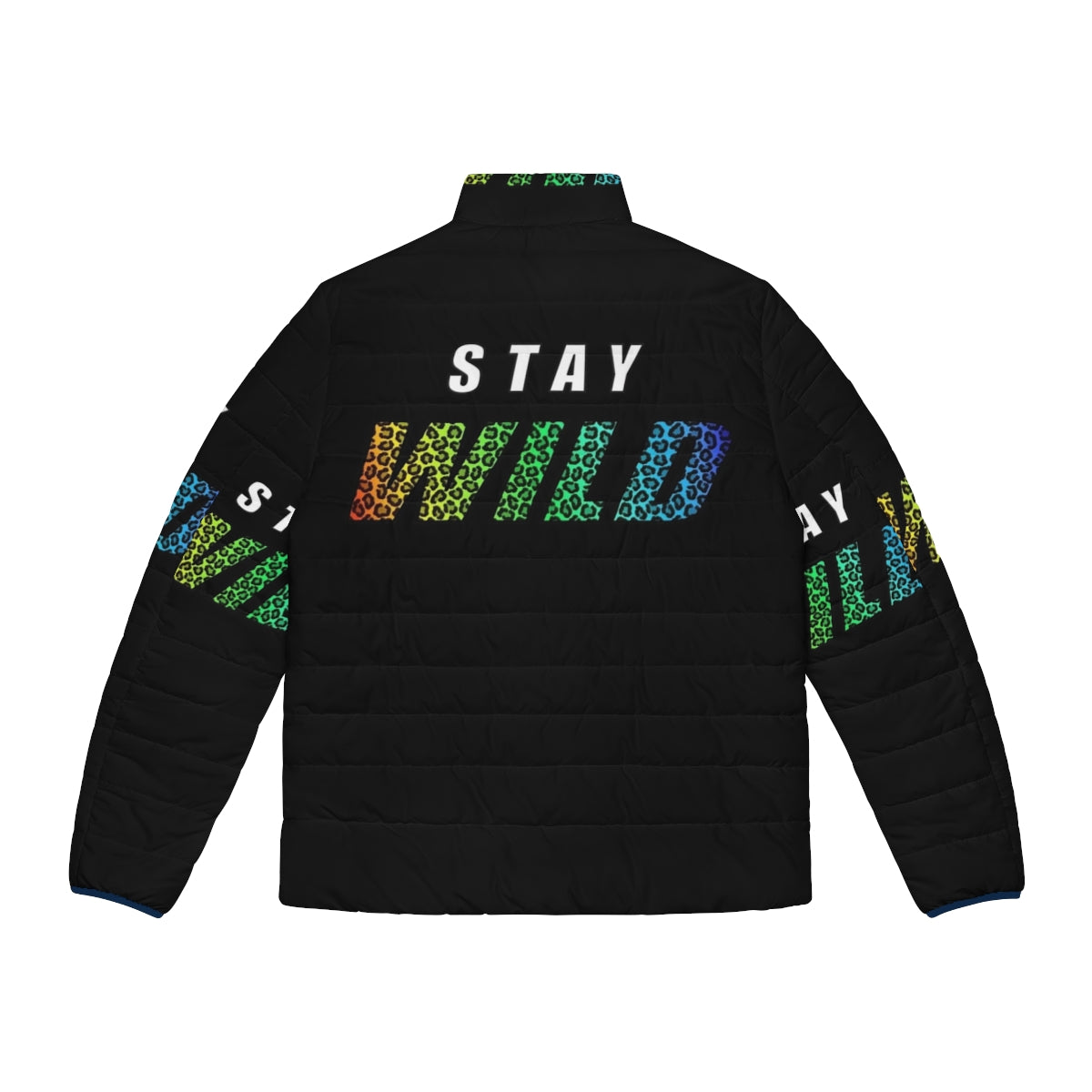 Exclusive Ben Azelart Stay Wild Puffer Jacket with colorful leopard text - Back