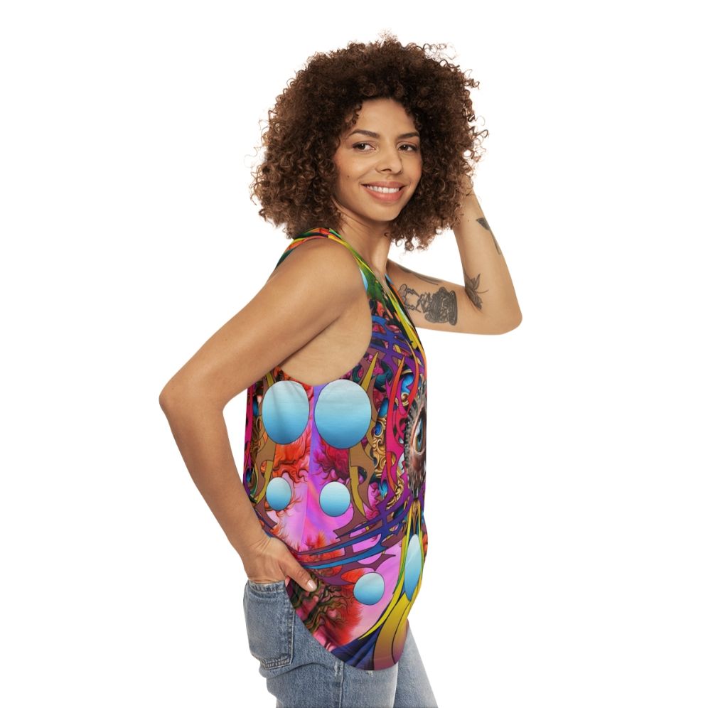 Cosmic Tree Unisex Tank Top with Abstract Nature-Inspired Design - women side