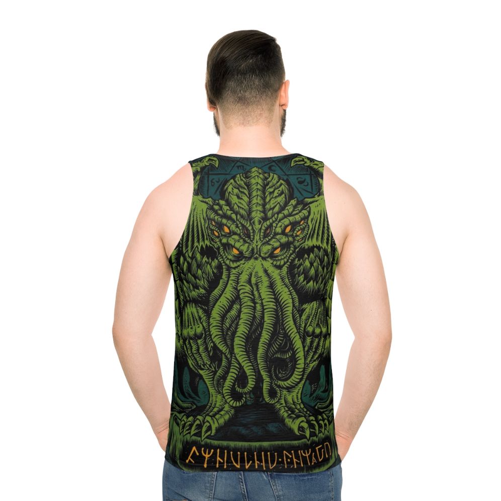 Unisex Tank Top with Cthulhu and Lovecraft Inspired Design - men back