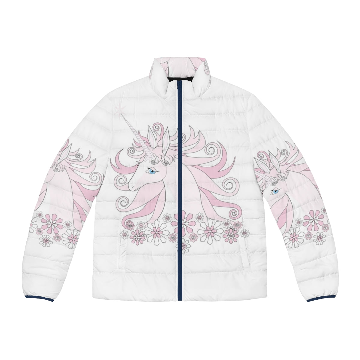 The Last Unicorn puffer jacket with a beautiful pink unicorn design