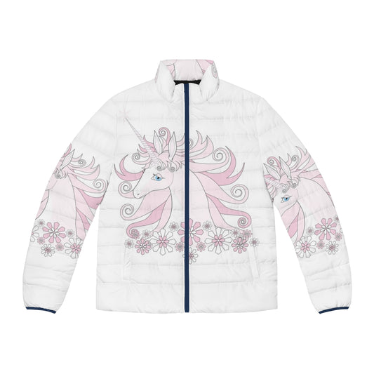 The Last Unicorn puffer jacket with a beautiful pink unicorn design