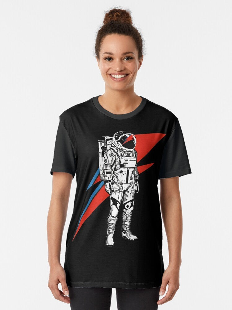 David Bowie music legend graphic t-shirt featuring iconic Bowie imagery like Ziggy Stardust, Starman, and Aladdin Sane. - Women