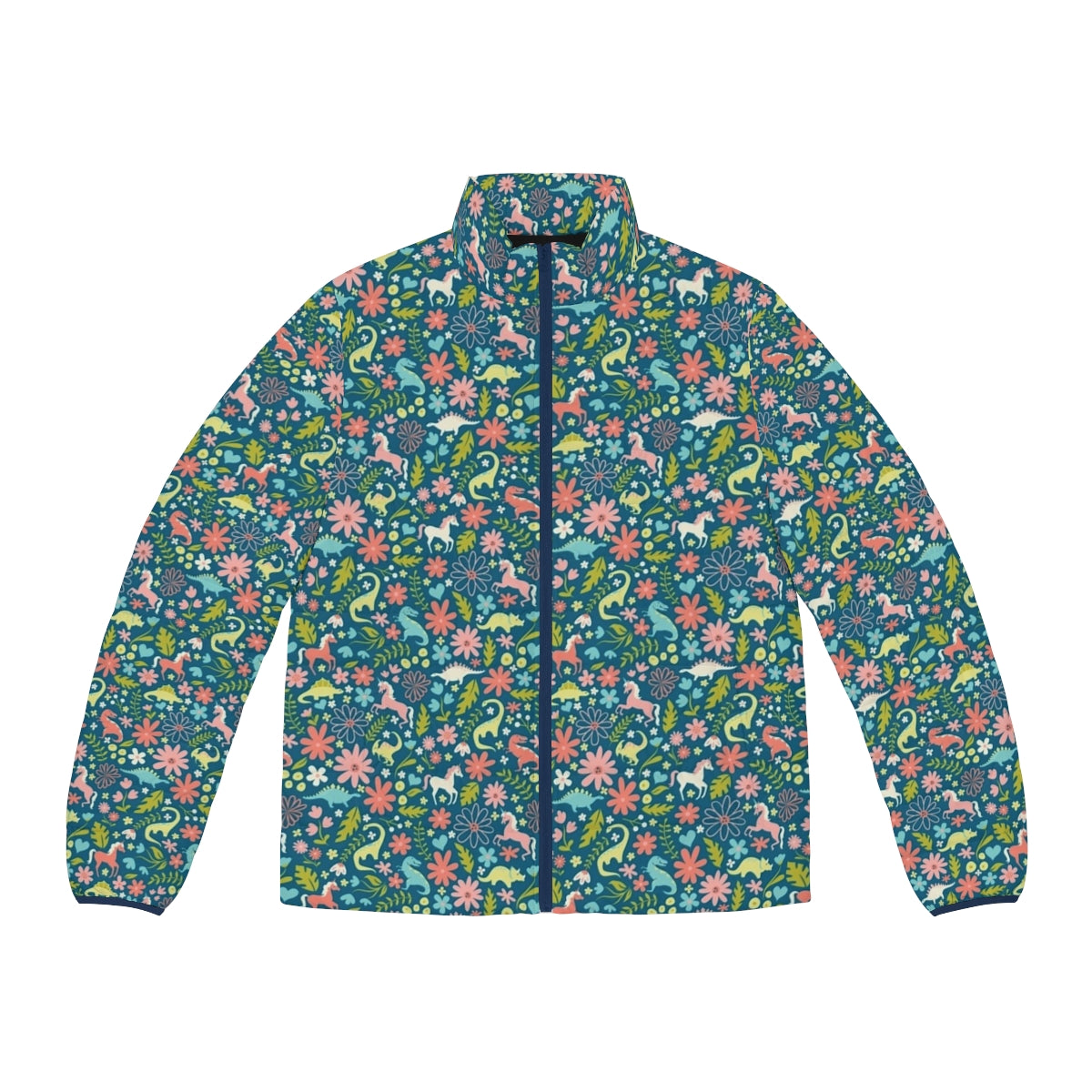 Colorful dinosaur and unicorn puffer jacket with floral pattern