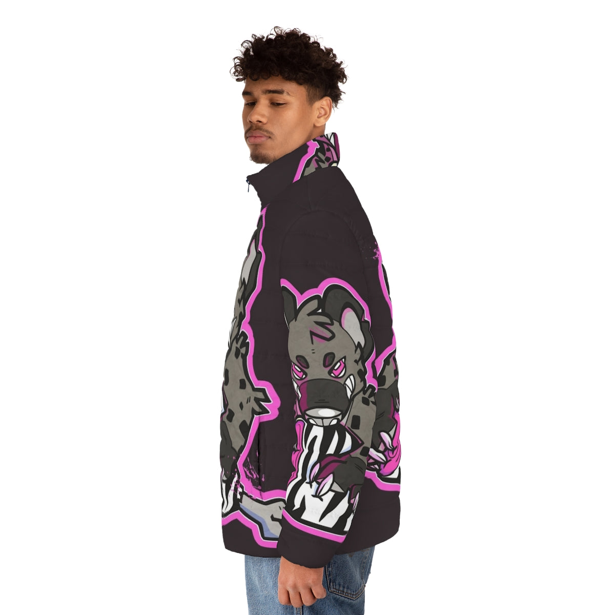 Hyena Puffer Jacket in Vibrant Pink Featuring Furry Detailing - men side left