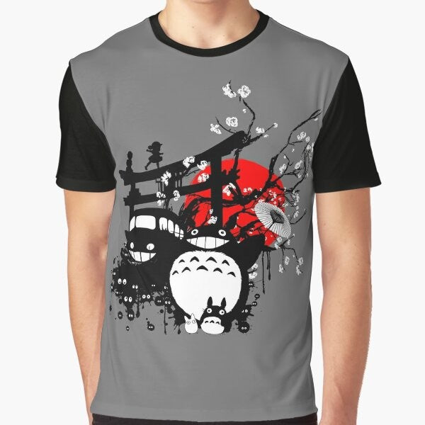 Japan Anime Graphic T-Shirt with Red Sun and Moon Design