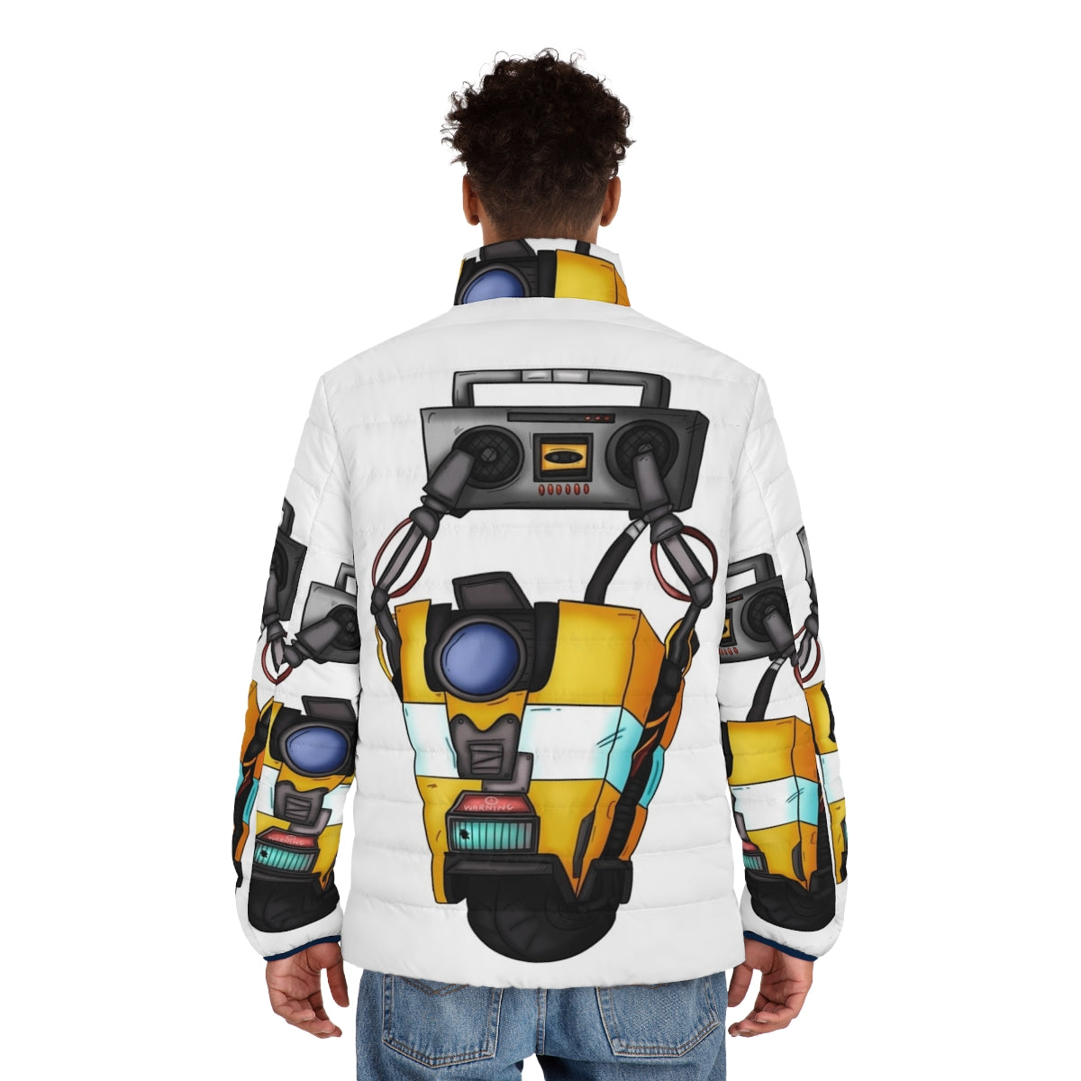 Borderlands Claptrap Boombox Puffer Jacket with a robotic design - men back