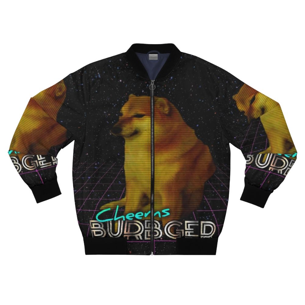 Retro-style bomber jacket featuring a doge cheeseburger meme design