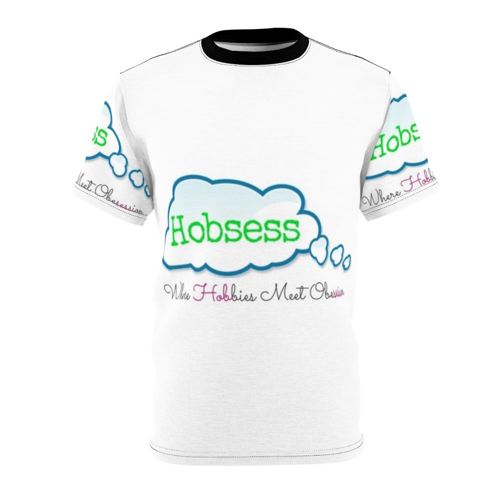 Person wearing a t-shirt with the design "Hobbies Meet Obsession"