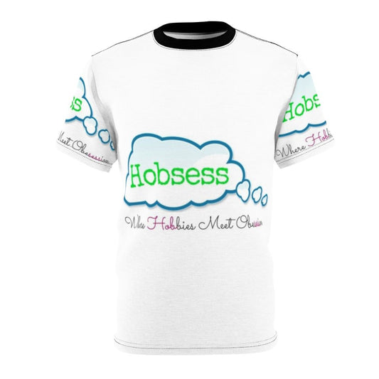 Person wearing a t-shirt with the design "Hobbies Meet Obsession"