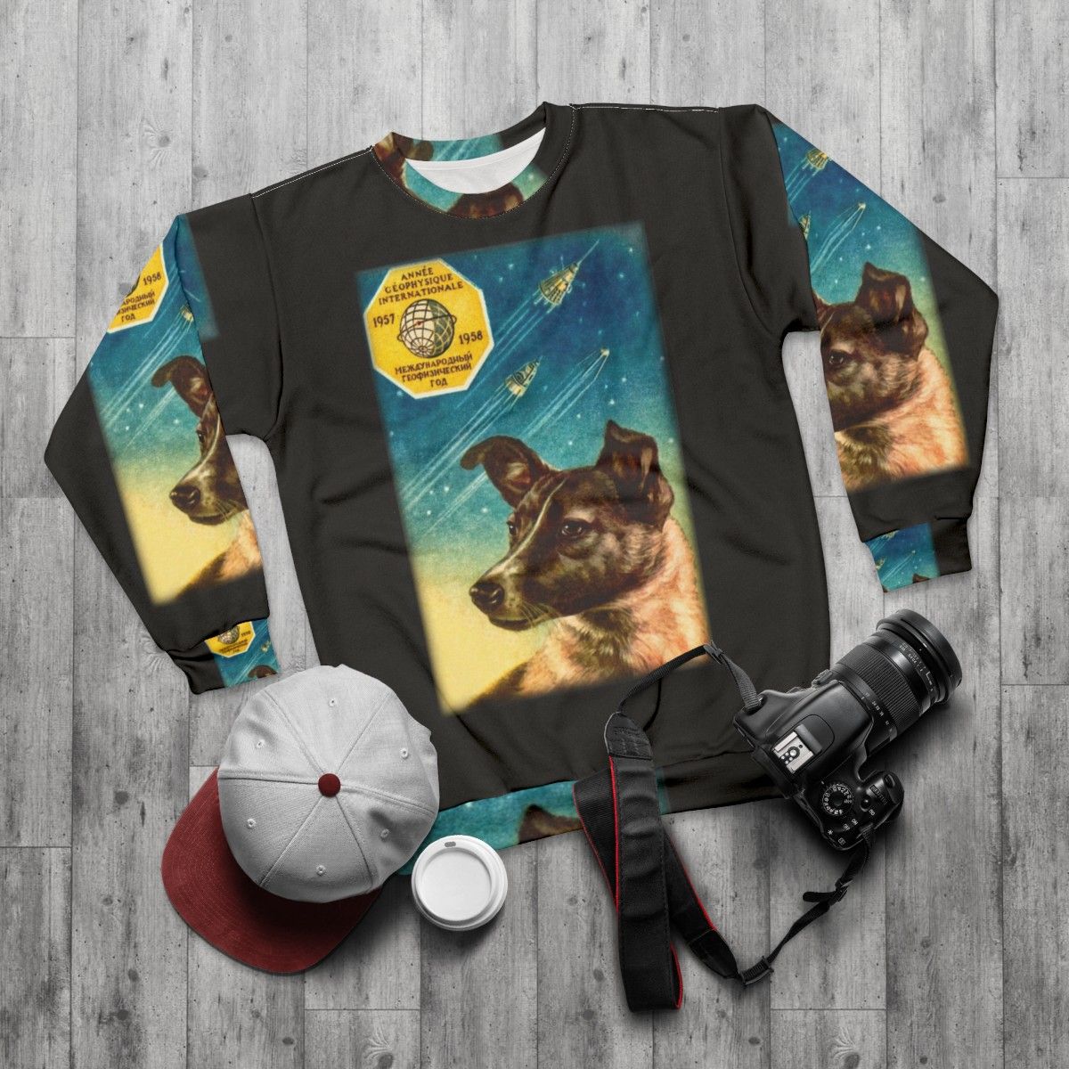 Laika the Sputnik 2 Russian Space Dog Sweatshirt - flat lay