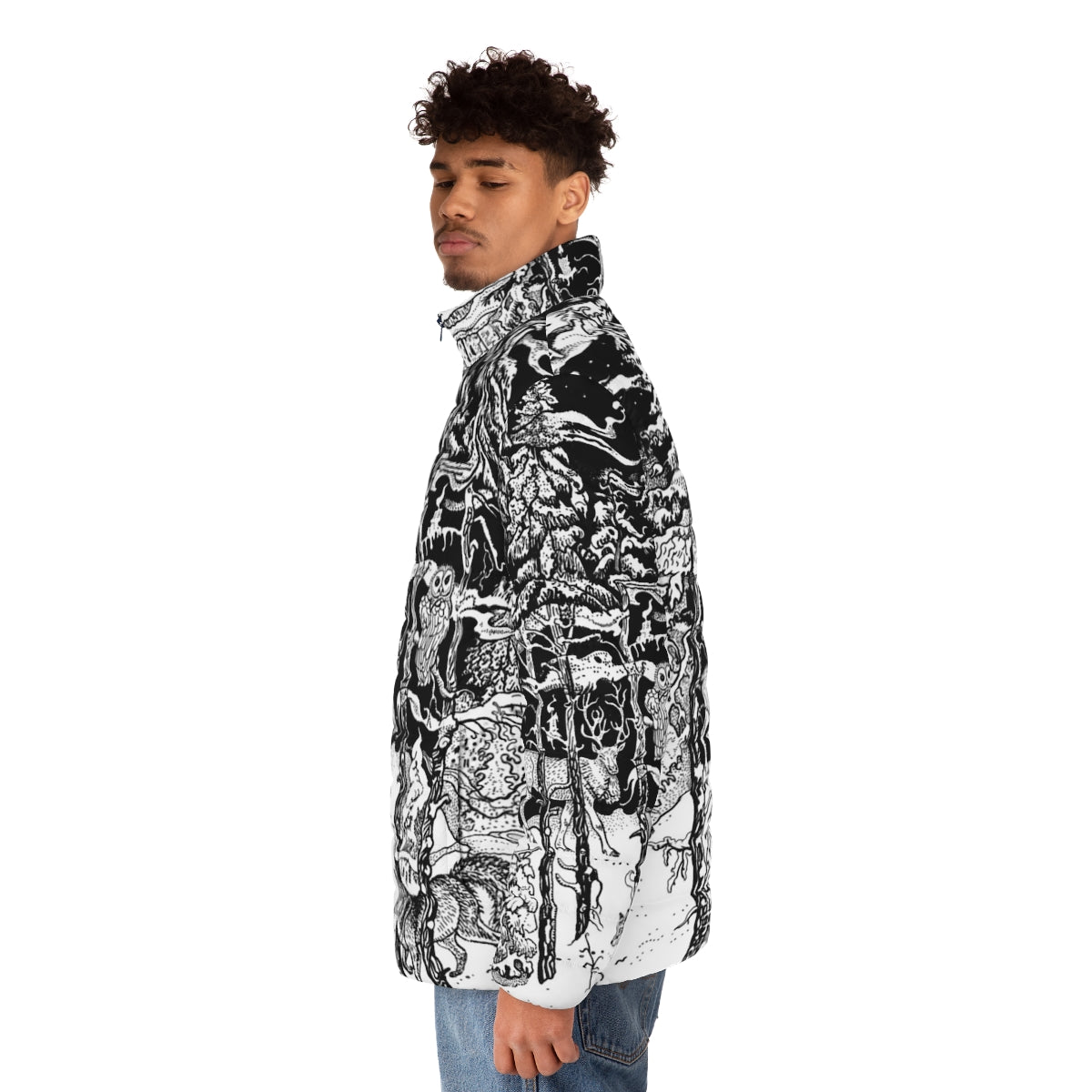 A warm and stylish puffer jacket featuring a winter forest scene with animals like deer, fox, and owl. - men side left