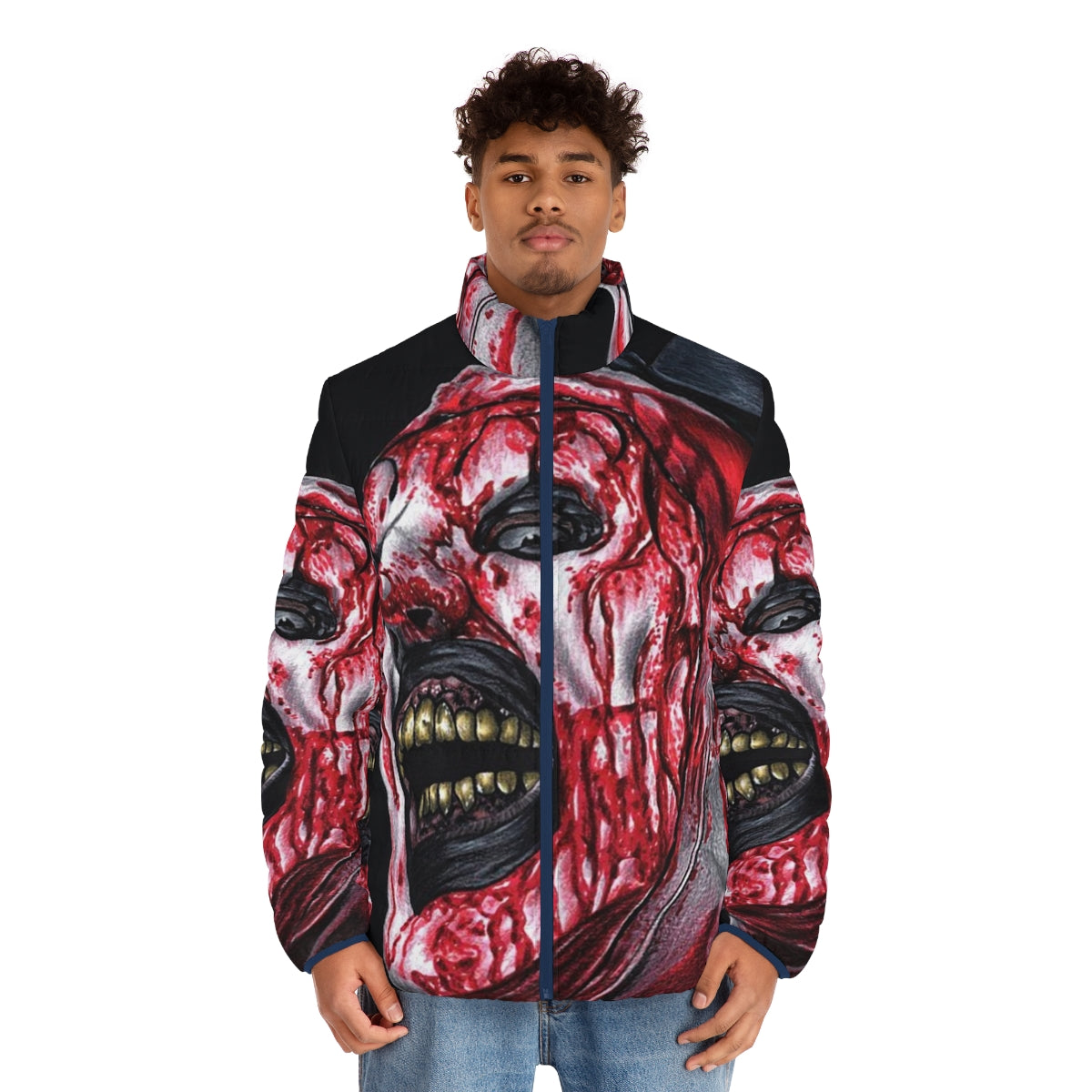 Terrifier 2 Art the Clown Puffer Jacket featuring the iconic slasher character - men front