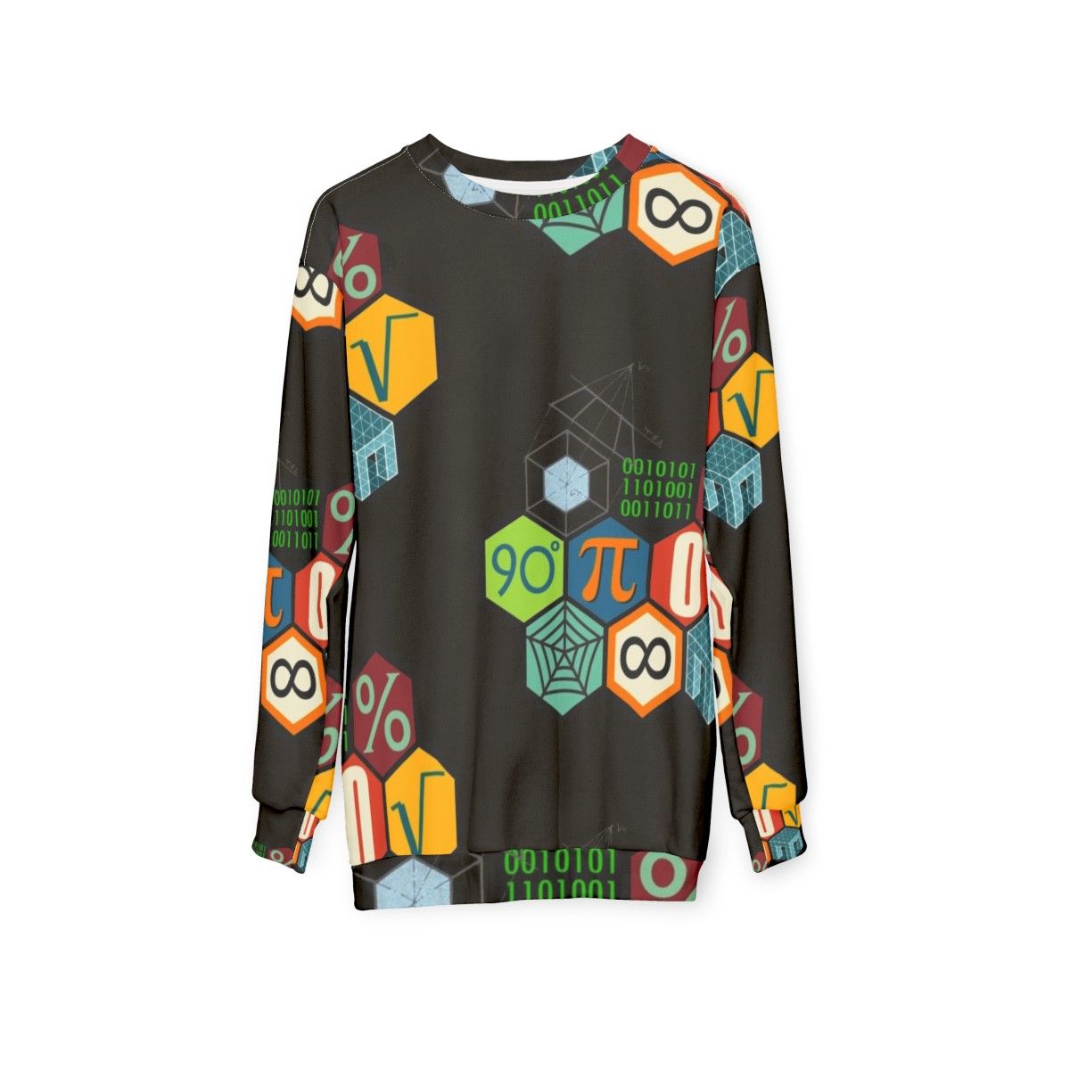 Stylish math sweatshirt with geometric designs and mathematical symbols - hanging