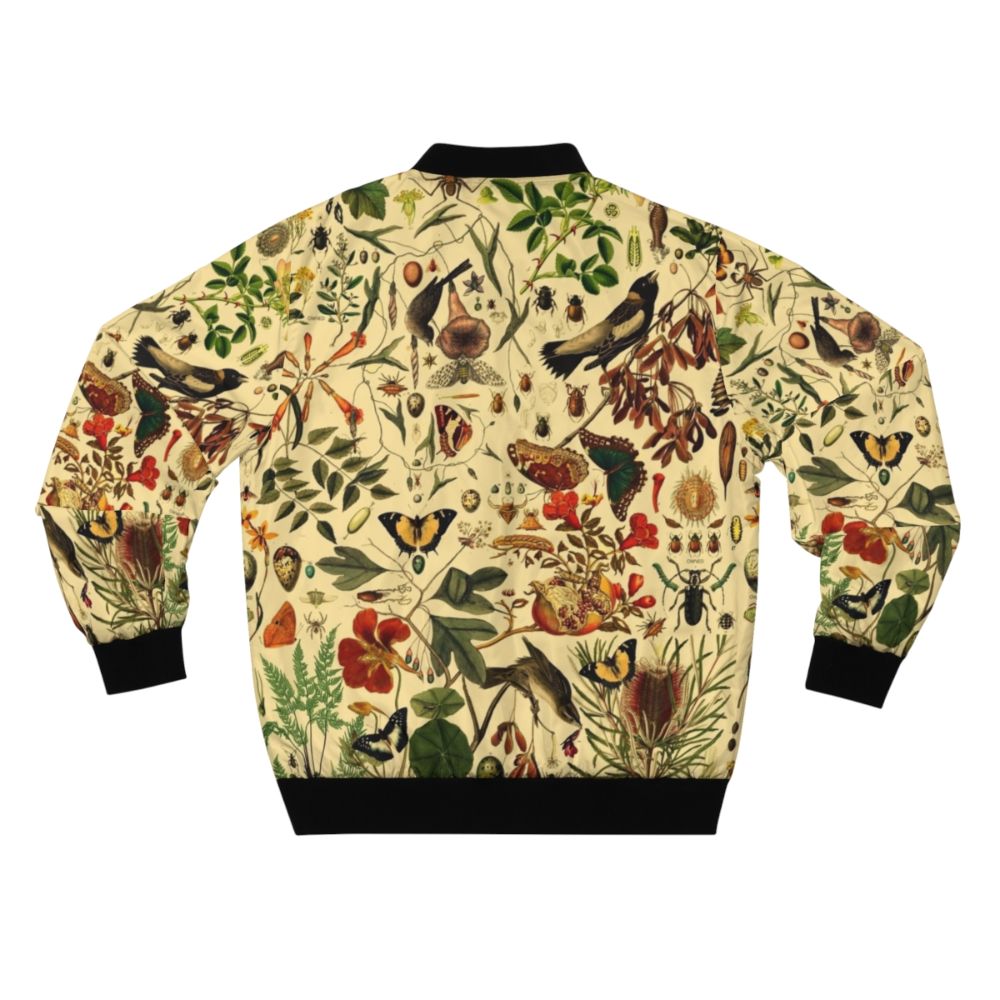 Vintage-style bomber jacket with a repeating pattern of biology-themed elements like plants, insects, and animals. - Back