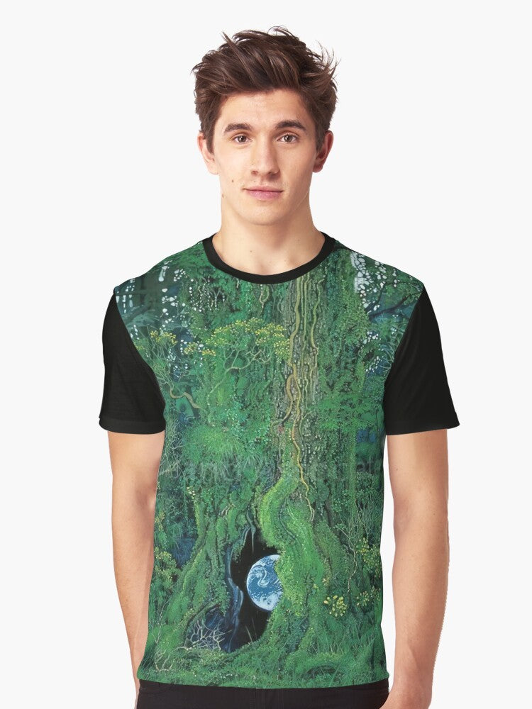 Hiroo Isono's nature art graphic t-shirt featuring colorful watercolor paintings of wildlife and forest scenes - Men