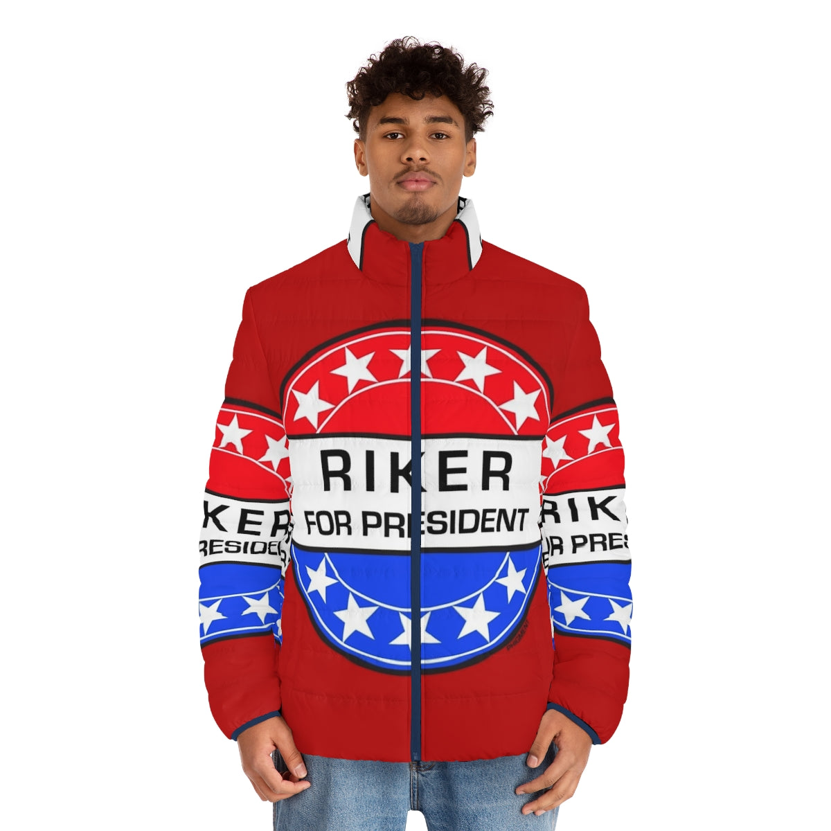 Riker For President sci-fi puffer jacket with phigment pop art design - men front