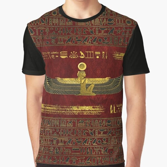 Graphic t-shirt featuring a gold Egyptian god ornament on a red leather background