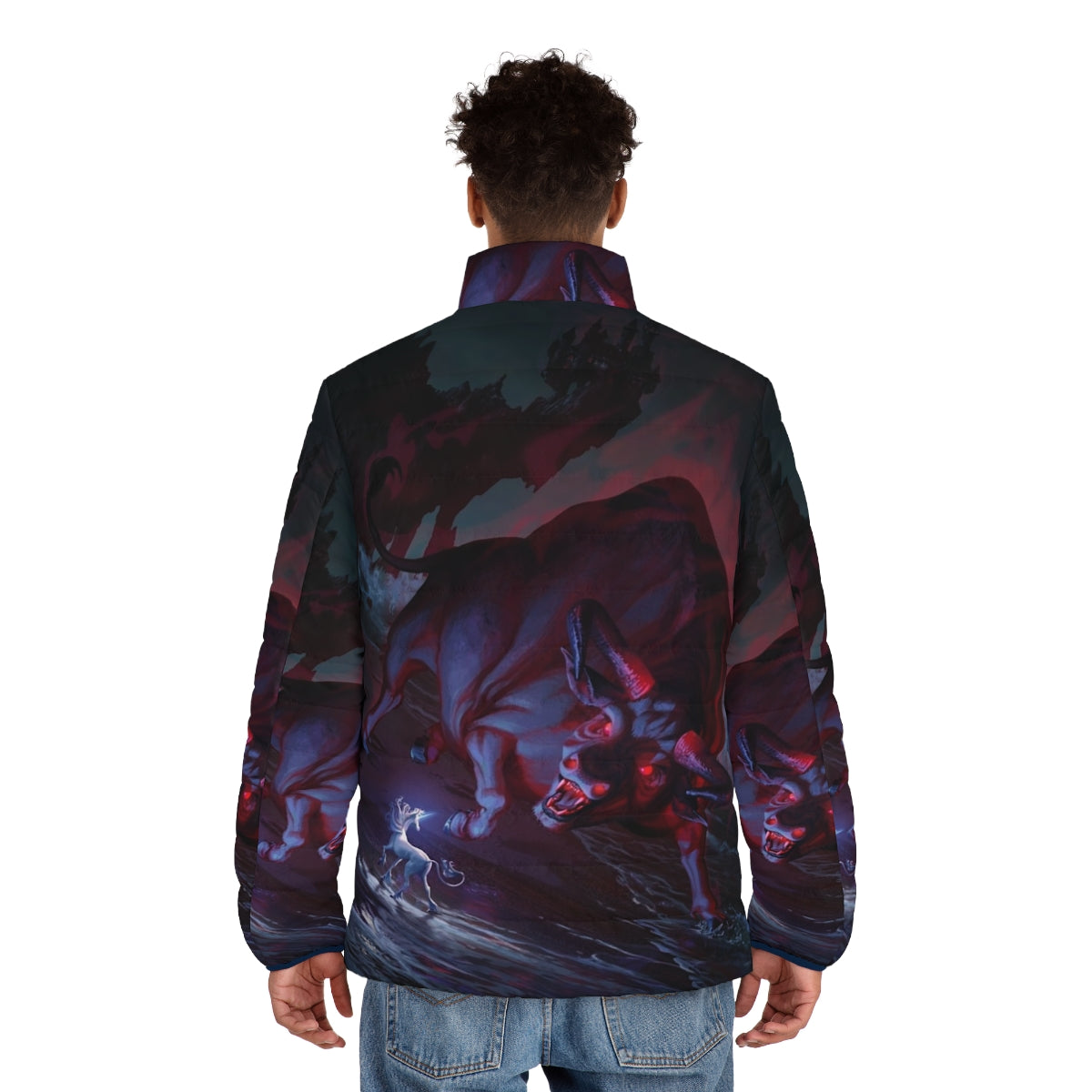 The Last Unicorn Fantasy Puffer Jacket with Mythical Unicorn Design - men back